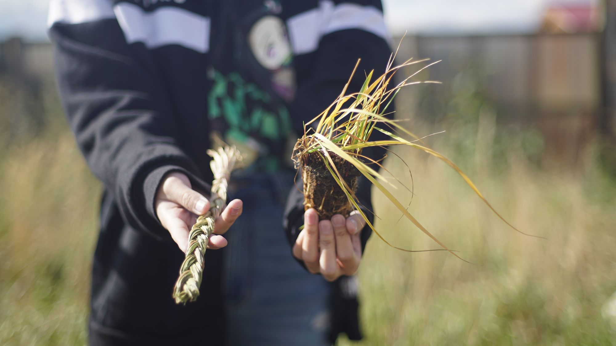 Person holding out braided grass in their right hand, and a clump of grass with roots intact in their left hand